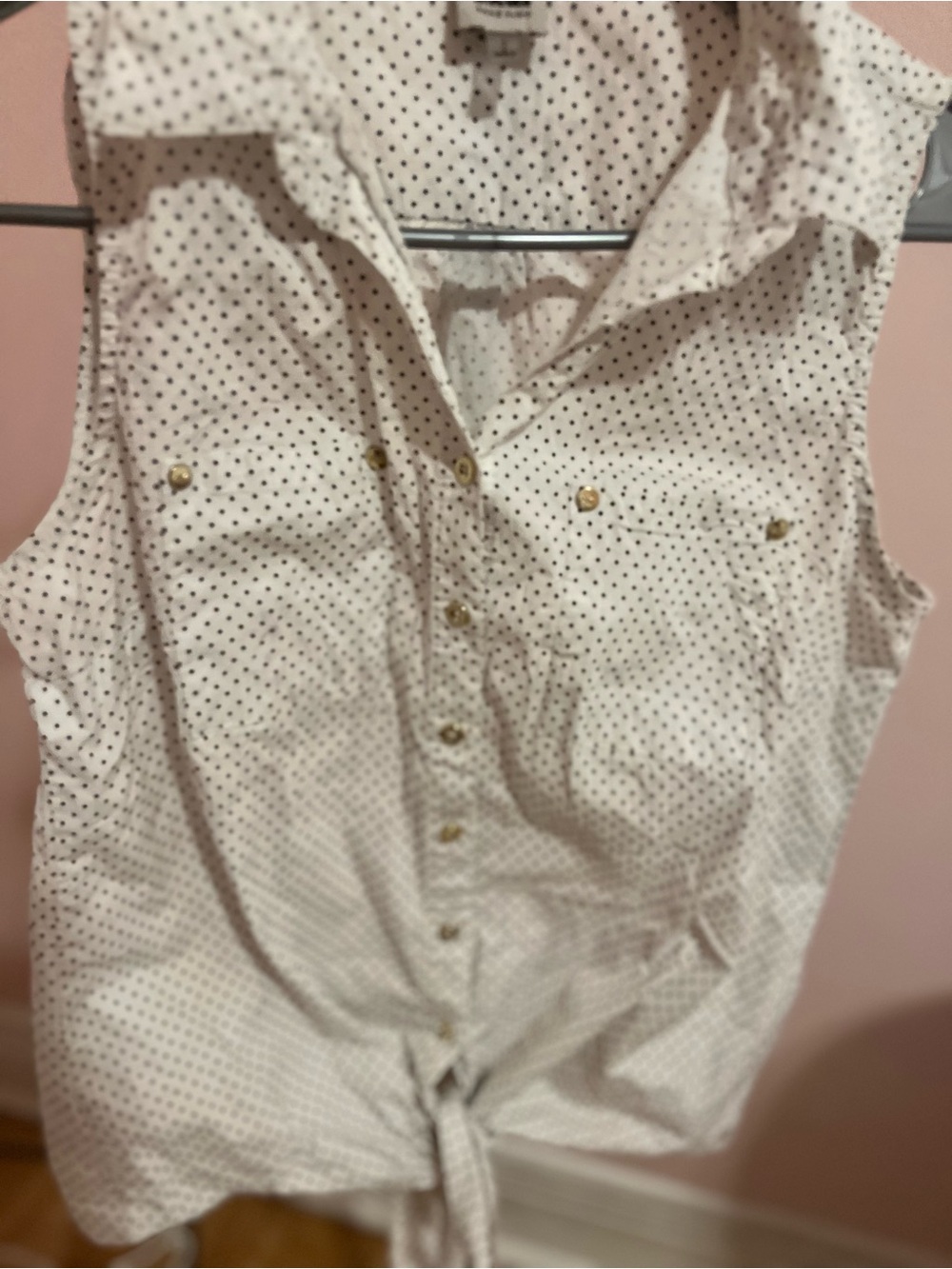 Anne Klein White Sleeveless Button-Front Polka Dot Tie Hem Top